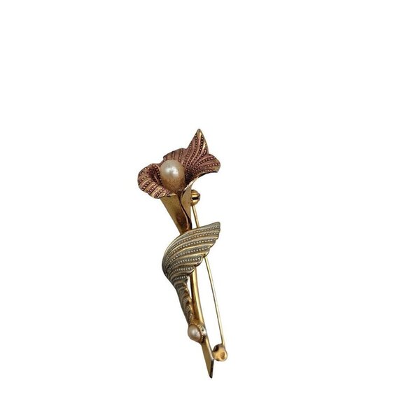 Vintage Gold & Rose Gold Calla Lily Brooch With Faux Pearls - Picture 7 of 16